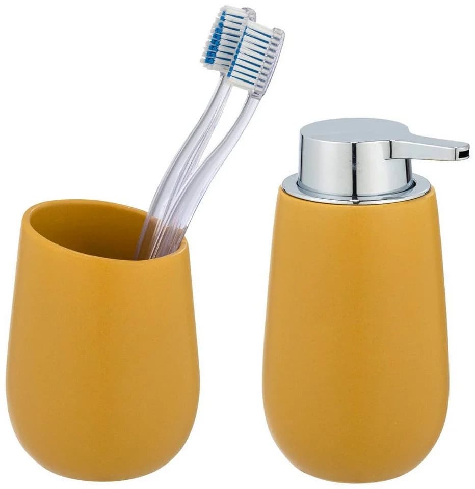 WENKO Badaccessoire-Set Badi Gelb Keramik Seifenspender Zahnputzbecher - Bild 2