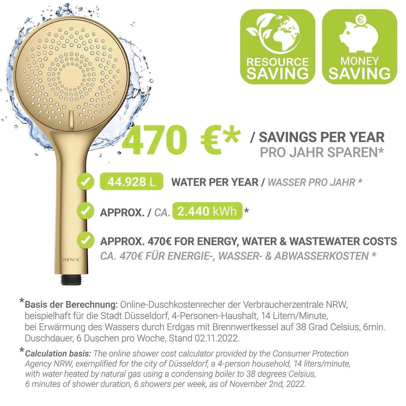 WENKO Handbrause Watersaving Wassersparender Duschkopf Gold - Bild 4