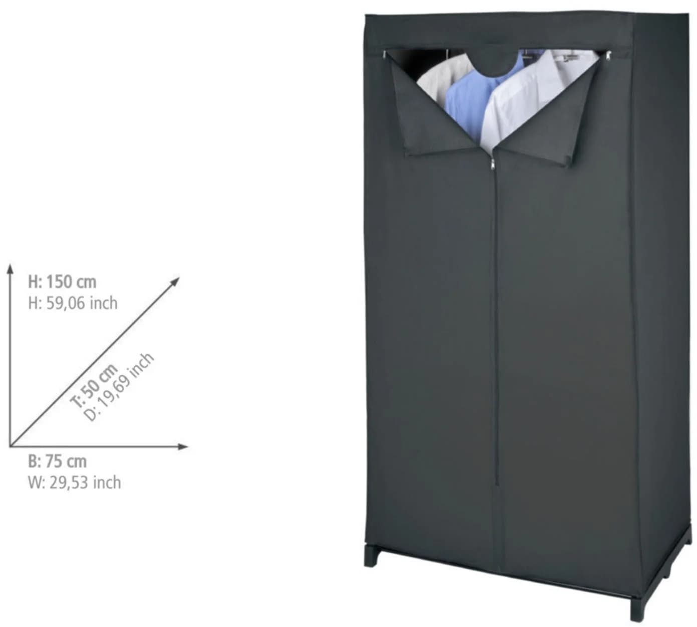 WENKO Stoffschrank Modell Deep Black mit Kleiderstange & Reißverschluss