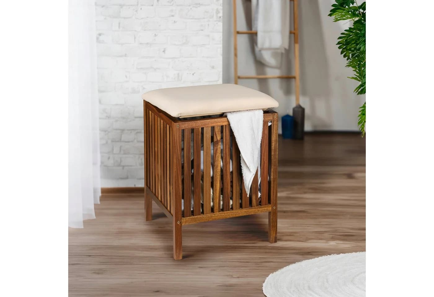 WENKO Hocker Fondi Akazienholz Beige Gepolstert