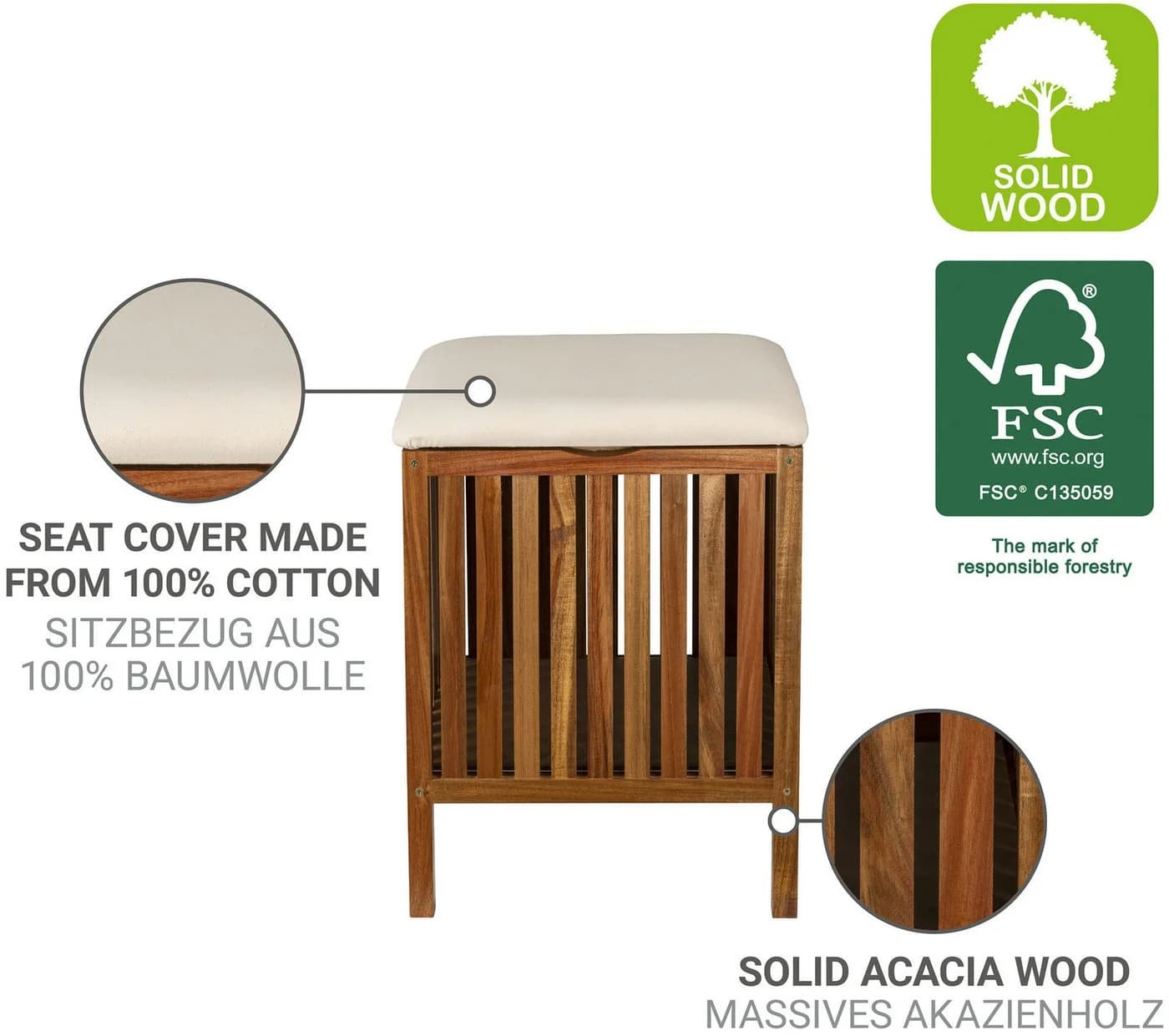 WENKO Hocker Fondi Akazienholz Beige Gepolstert - Bild 4