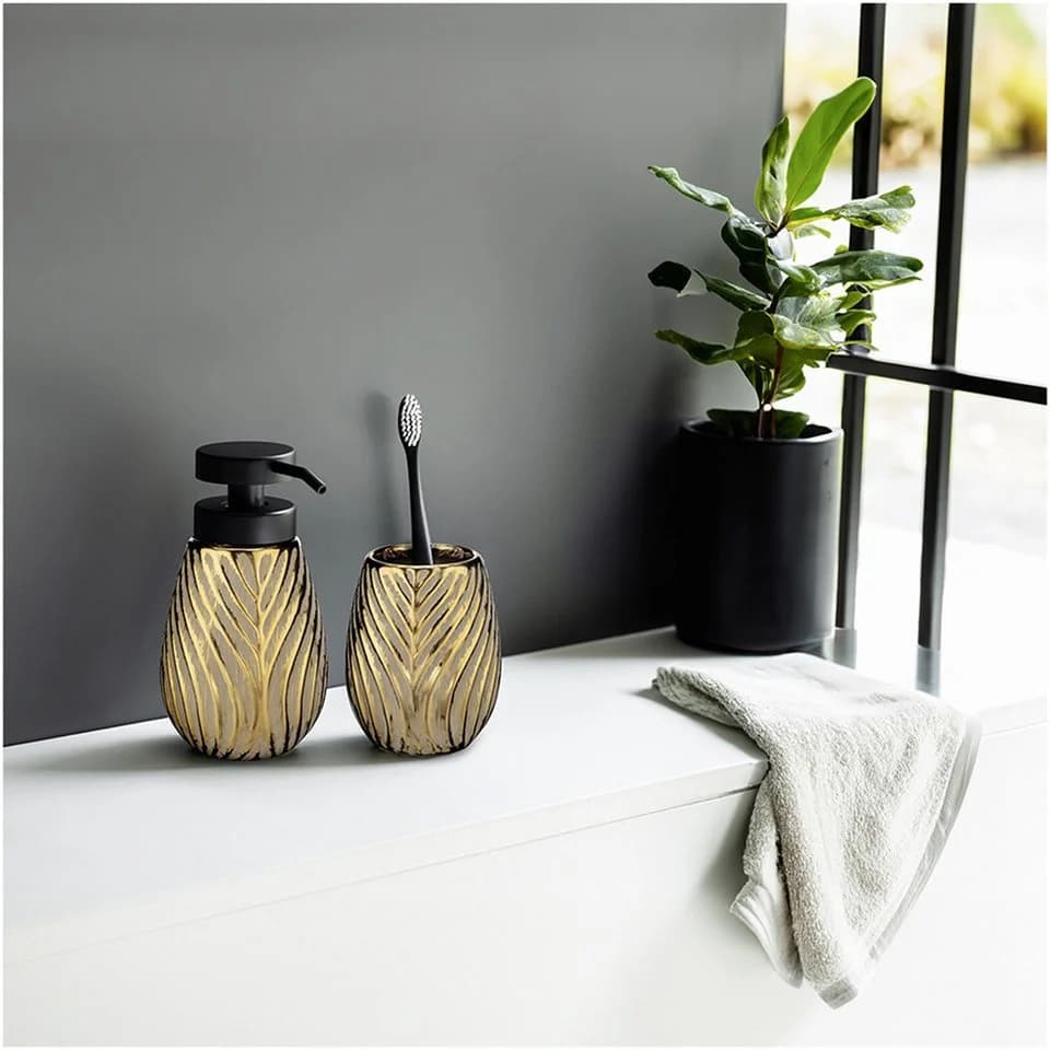 WENKO Badaccessoire-Set Idro Gold Keramik mit Linien-Struktur