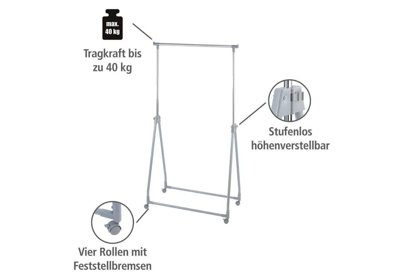 WENKO Kleiderständer Höhenverstellbar Grau/Silber mit Rollen