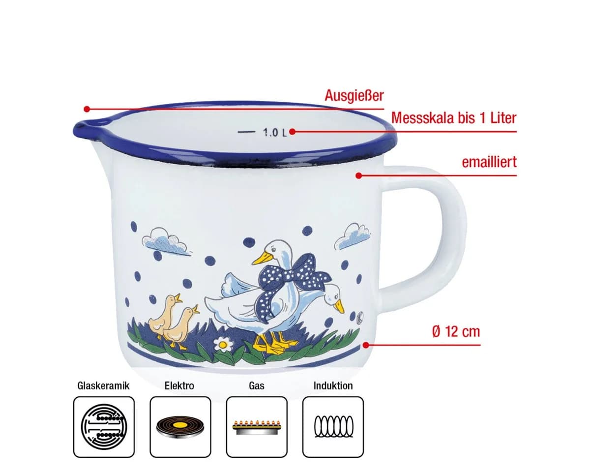 EUROHOME Milchtopf 1l Emaille Landhauslook Weiss mit Ausgießer