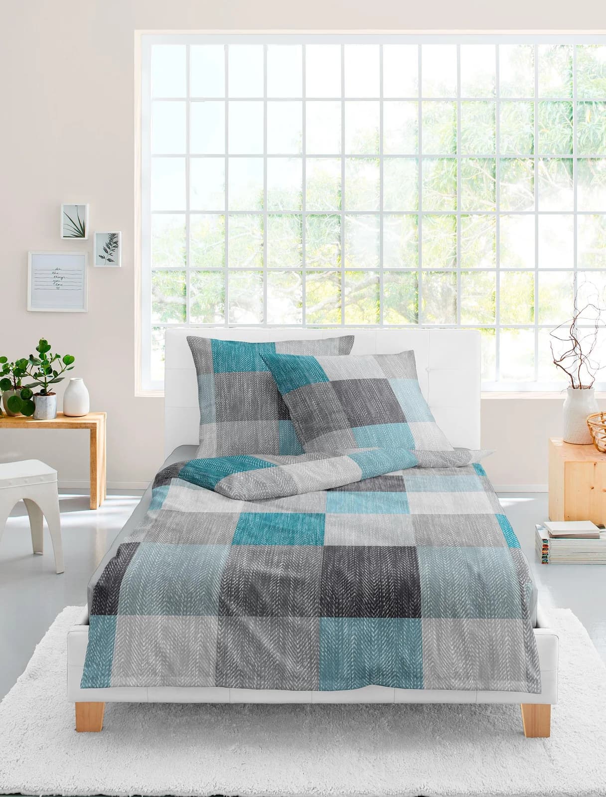BIERBAUM Satin Bettwäsche 4084 Blau Kariert Mako-Satin