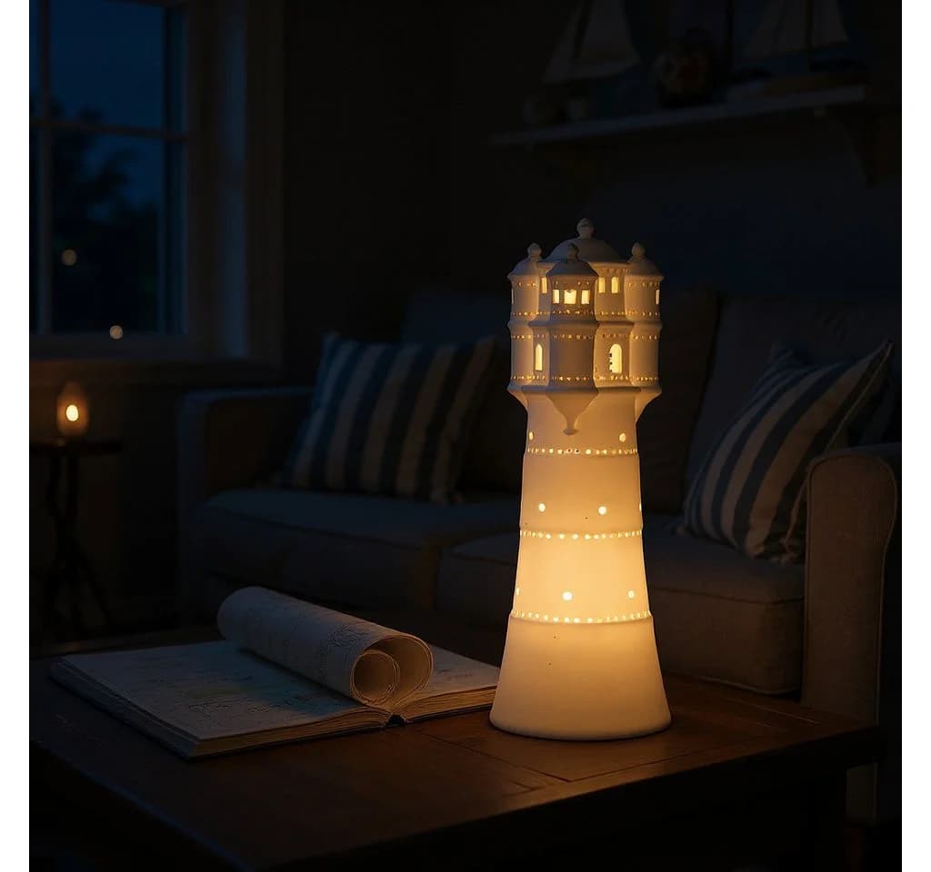 GILDE Porzellan Nachtischlampe Leuchtturm 35cm weiß - Bild 3