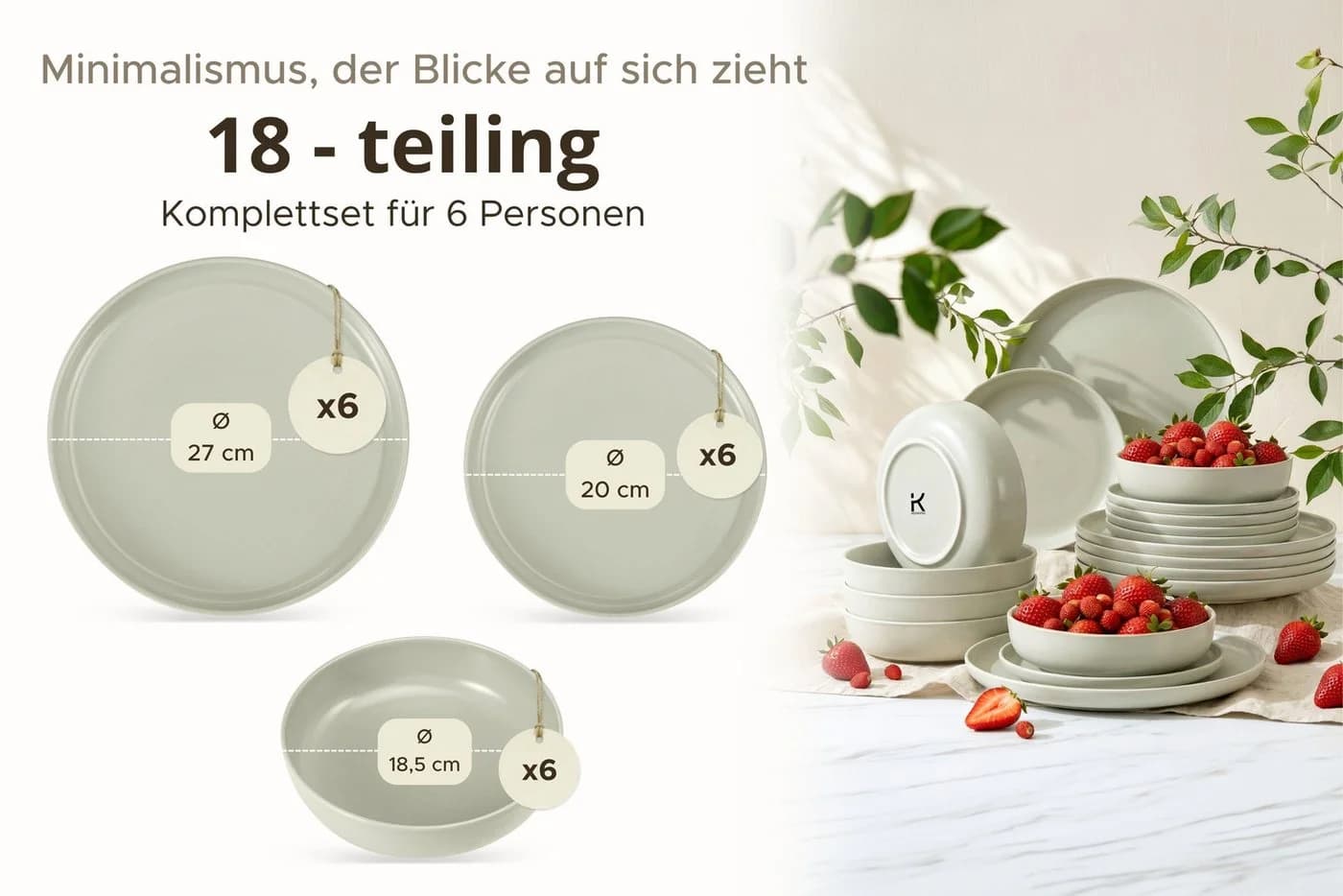 KONSIMO® Tafelservice VICTO 18-tlg. Steingut Beige/Grau/Grün Matt - Bild 5