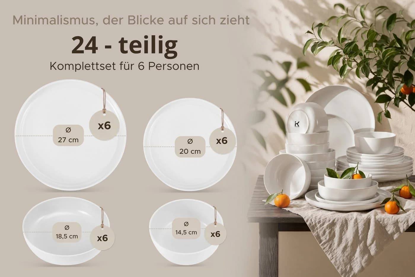 KONSIMO® Kombiservice VICTO 24-tlg. Geschirrset 6 Personen Steingut matt weiß - Bild 5