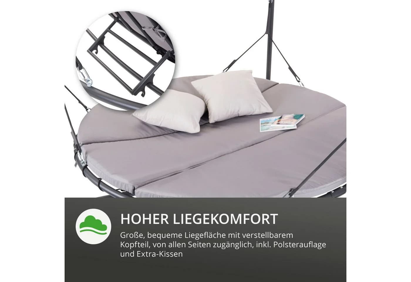 Leco Luxus-Schaukelbett Mareike mit Sonnendach, Polsterauflagen und Kissen Grau - Bild 3