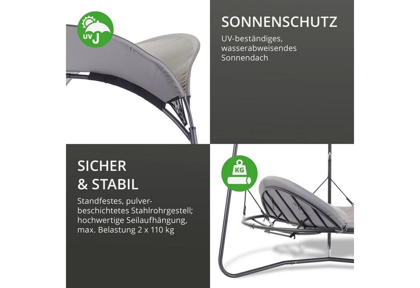 Leco Luxus-Schaukelbett Mareike mit Sonnendach, Polsterauflagen und Kissen Grau - Bild 4