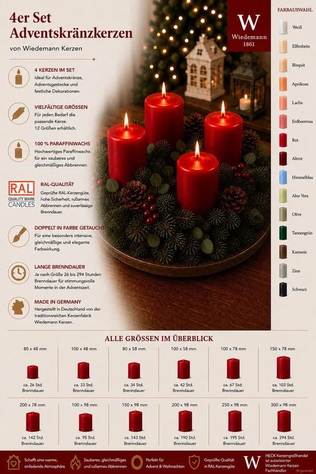 Wiedemann Kerzen Stumpenkerze 4er Set Adventskranzkerzen Altrot - Bild 3