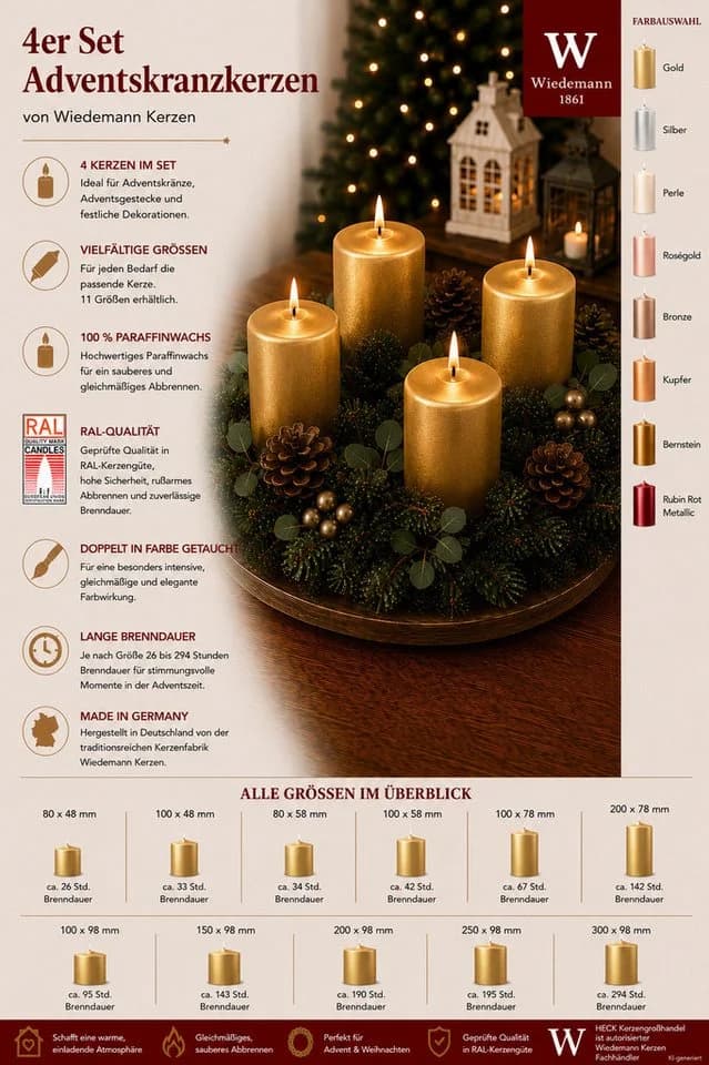 Wiedemann Kerzen Stumpenkerze 4er Set Adventskranzkerzen Bronze - Bild 3