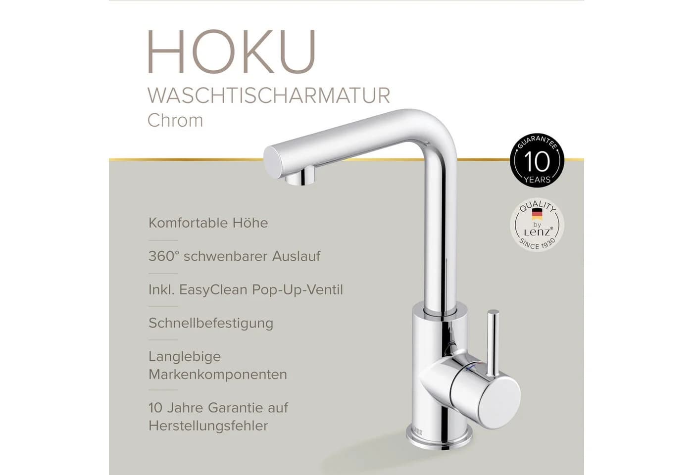 Lenz Waschtischarmatur HOKU in Chrom mit Easy Clean Pop-Up Ventil - Bild 3