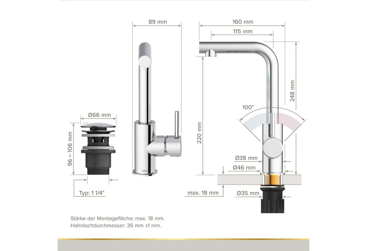 Lenz Waschtischarmatur HOKU in Chrom mit Easy Clean Pop-Up Ventil - Bild 5