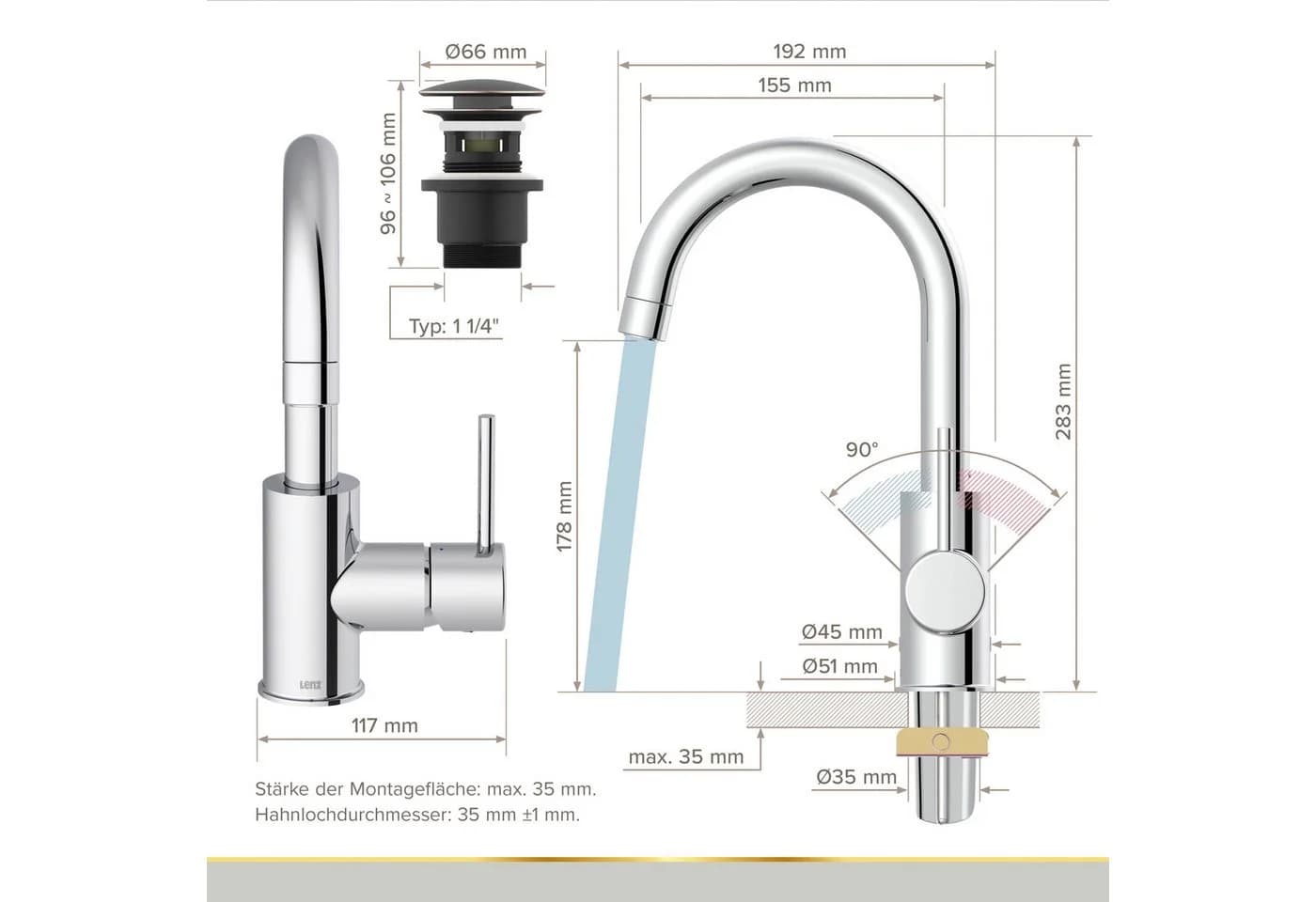 Lenz BOW² Waschtischarmatur Chrom mit Pop-Up-Ventil & EasyFix - Bild 5