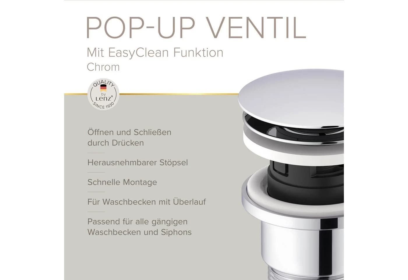 Lenz EasyClean Pop-Up-Ventil Waschbeckenstöpsel Chrom - Bild 3