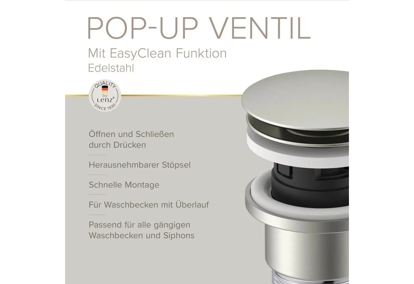 Lenz EasyClean Pop-Up-Ventil Edelstahl Waschbeckenstöpsel Grau - Bild 3