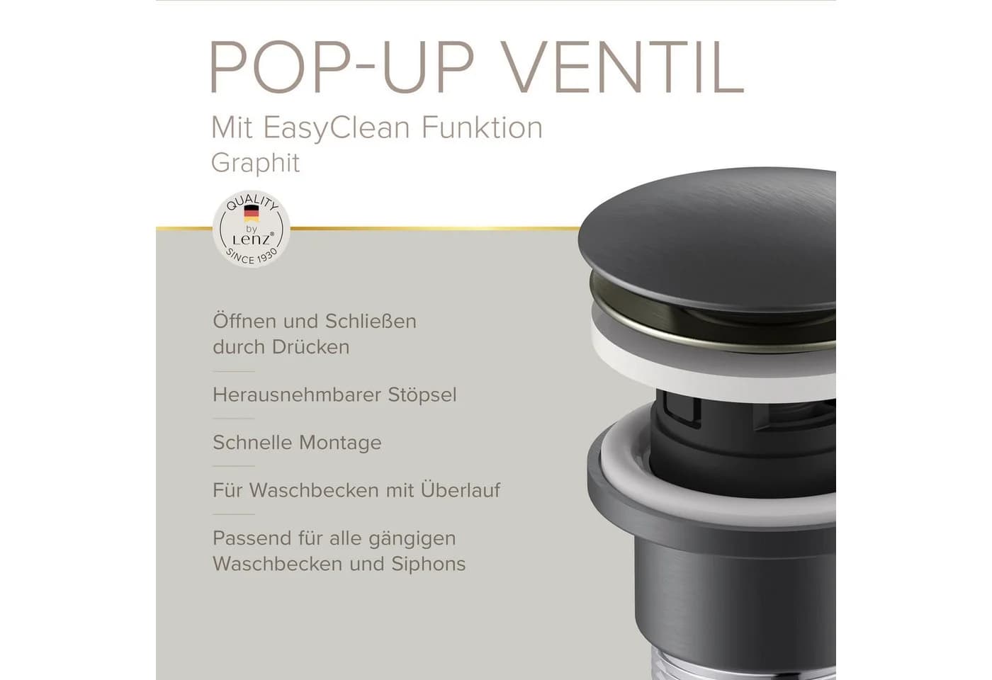 Lenz EasyClean Pop-Up-Ventil Waschbeckenstöpsel Graphit - Bild 3