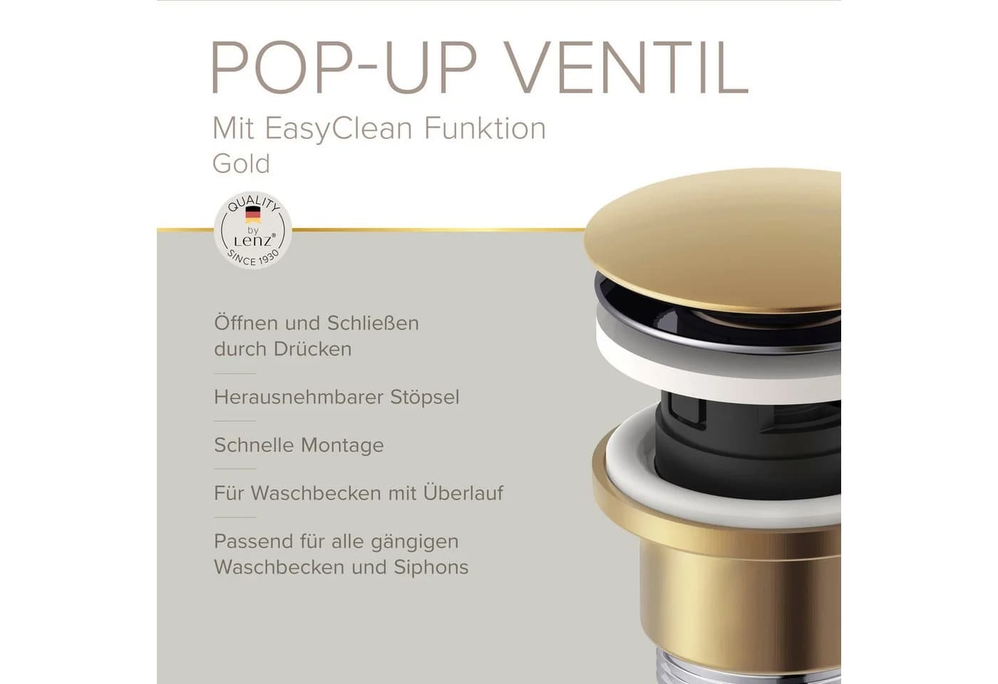 Lenz EasyClean Pop-Up-Ventil Waschbeckenstöpsel Gold - Bild 3
