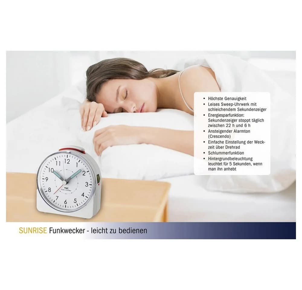 TFA Dostmann Funkwecker SUNRISE Weiß Fluoreszierend Zeiger - Bild 2