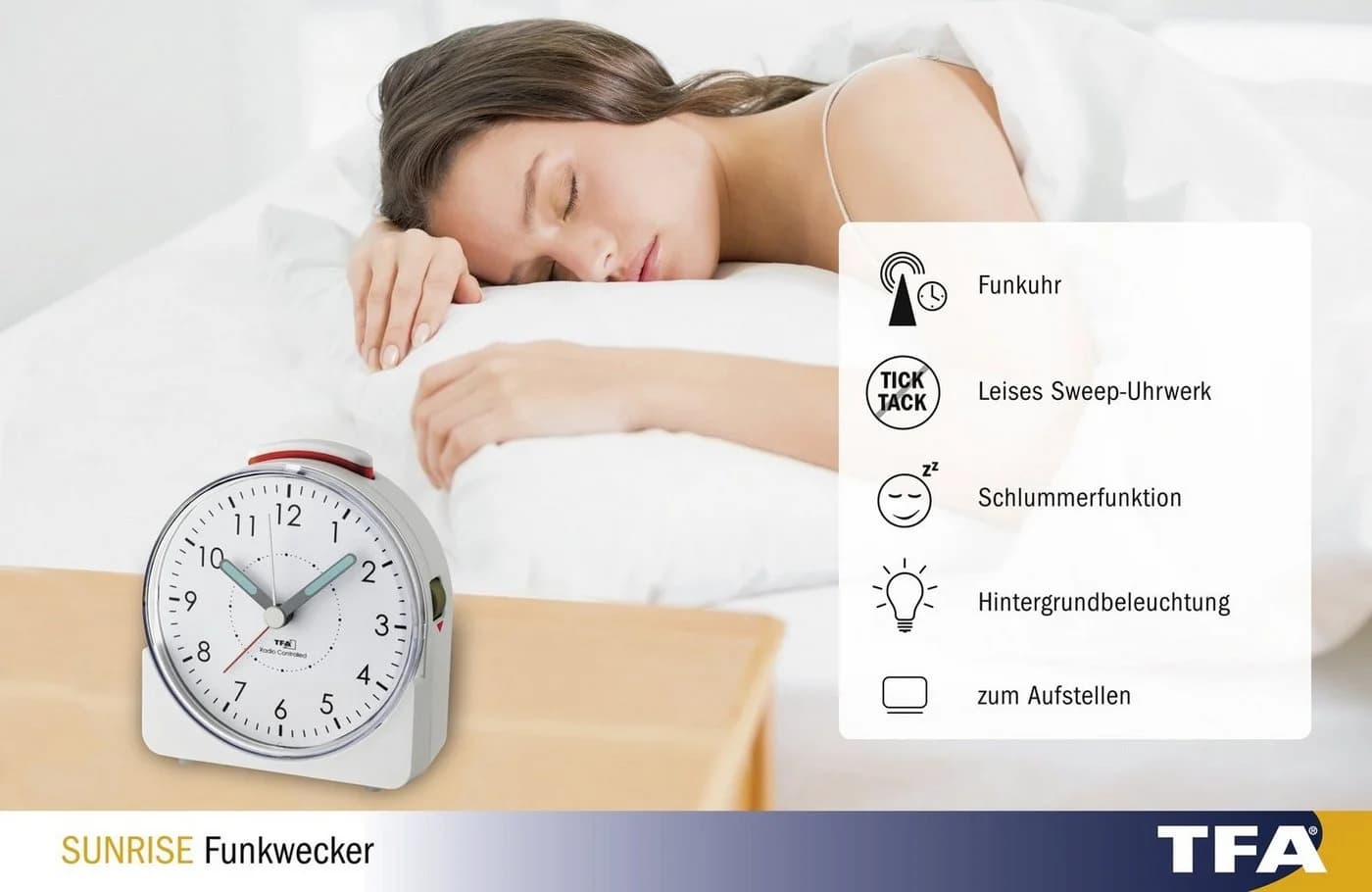 TFA Dostmann Funkwecker SUNRISE Weiß Fluoreszierend Zeiger - Bild 5