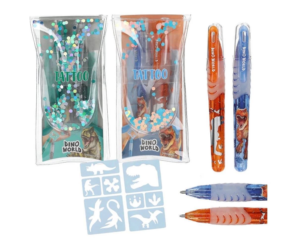Depesche Dino World Tattoo Glitzer Gelstifte Set mit Schablonen