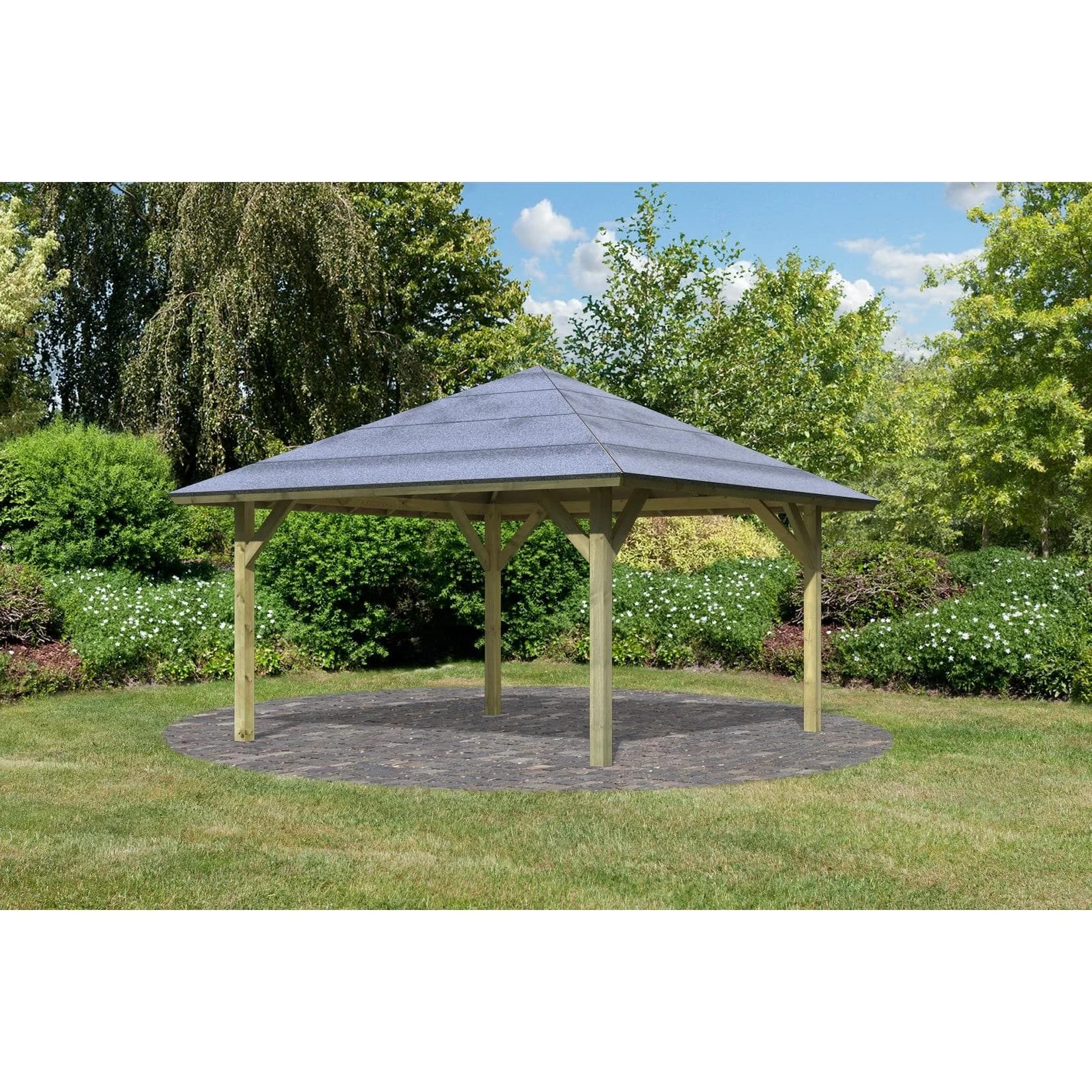 Quadratischer Pavillon aus Fichtenholz mit Bitumendachpappe