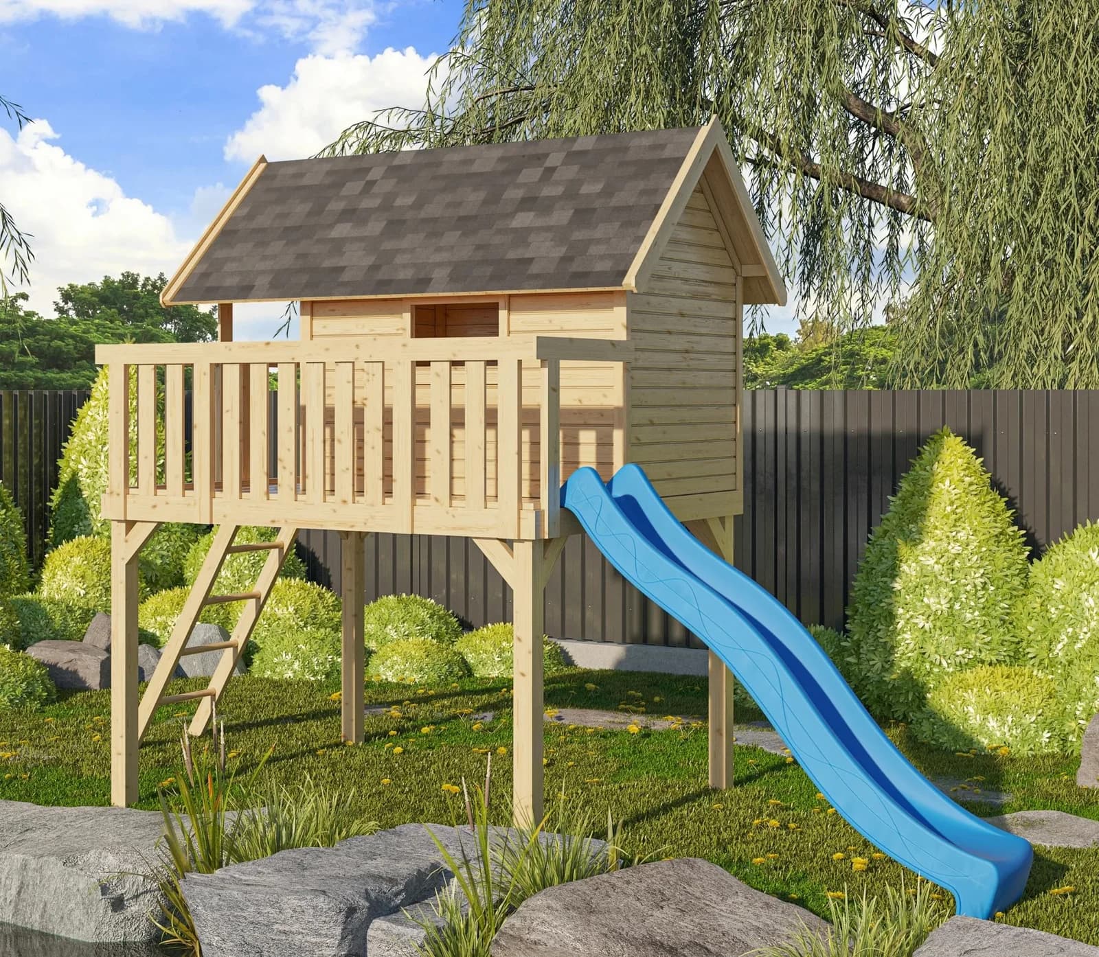 Spielturm AKUBI Fidel - Beige Naturbelassen mit Rutsche