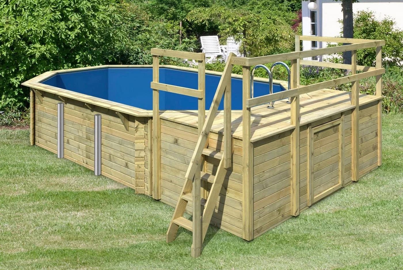 Achteckpool KARIBU PALMA Set D mit Sonnendeck und 2 Terrassen, Braun - Bild 2