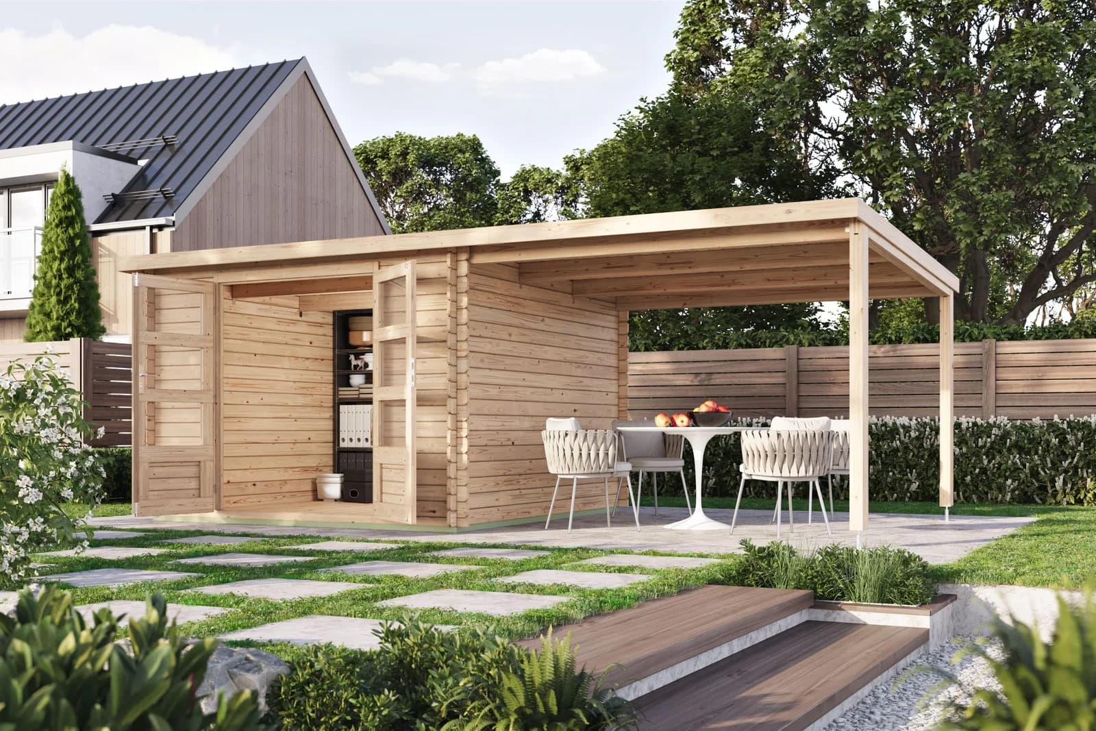 Gartenhaus KARIBU Remus Pultdach 2,97x2,97m inkl Anbaudach 3m naturbelassen