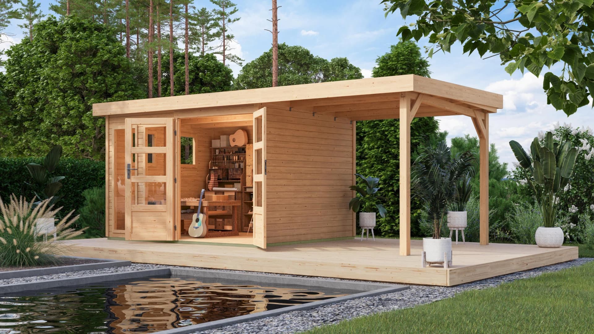 Gartenhaus KARIBU Langesee 5 mit Anbaudach, Naturbelassen, Holzwerkstoff