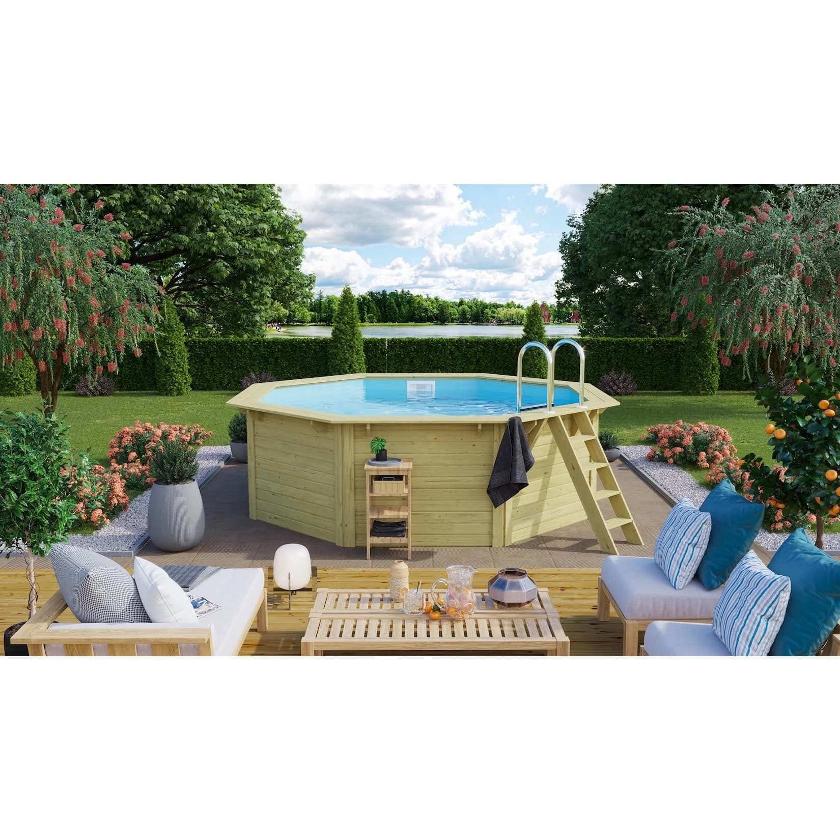 CHILLROI Achteckiger Massivholzpool mit Zubehör