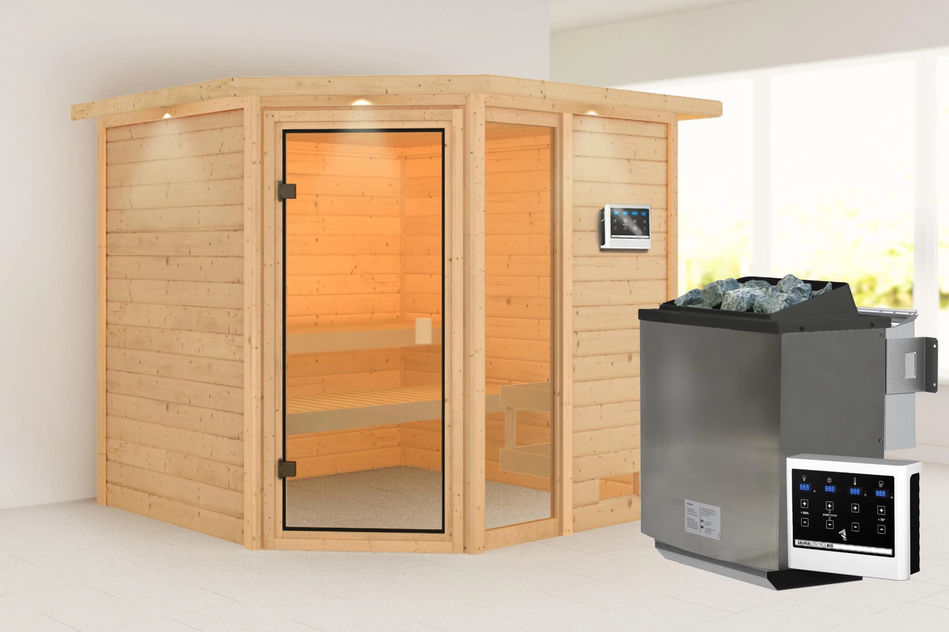 Sauna KARIBU Tally mit bronzierter Tür und Kranz, Bio-Kombiofen, 400 kW
