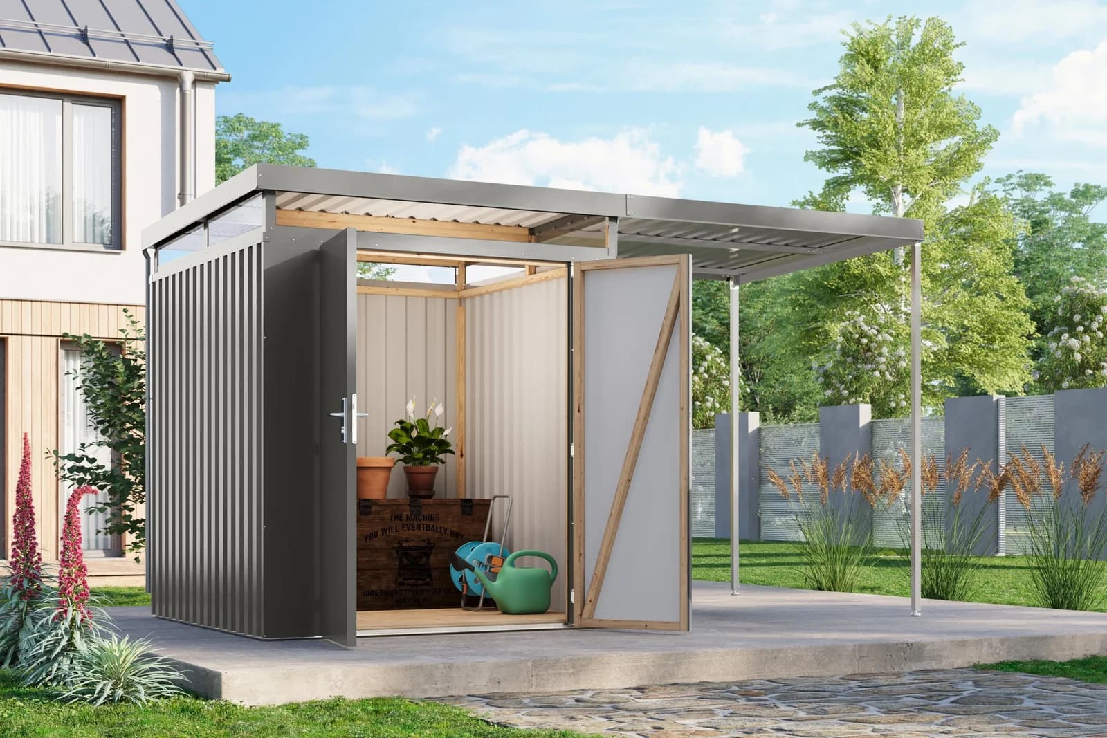 Gerätehaus Titanium 2 Set mit Anbaudach Graualuminium Karibu