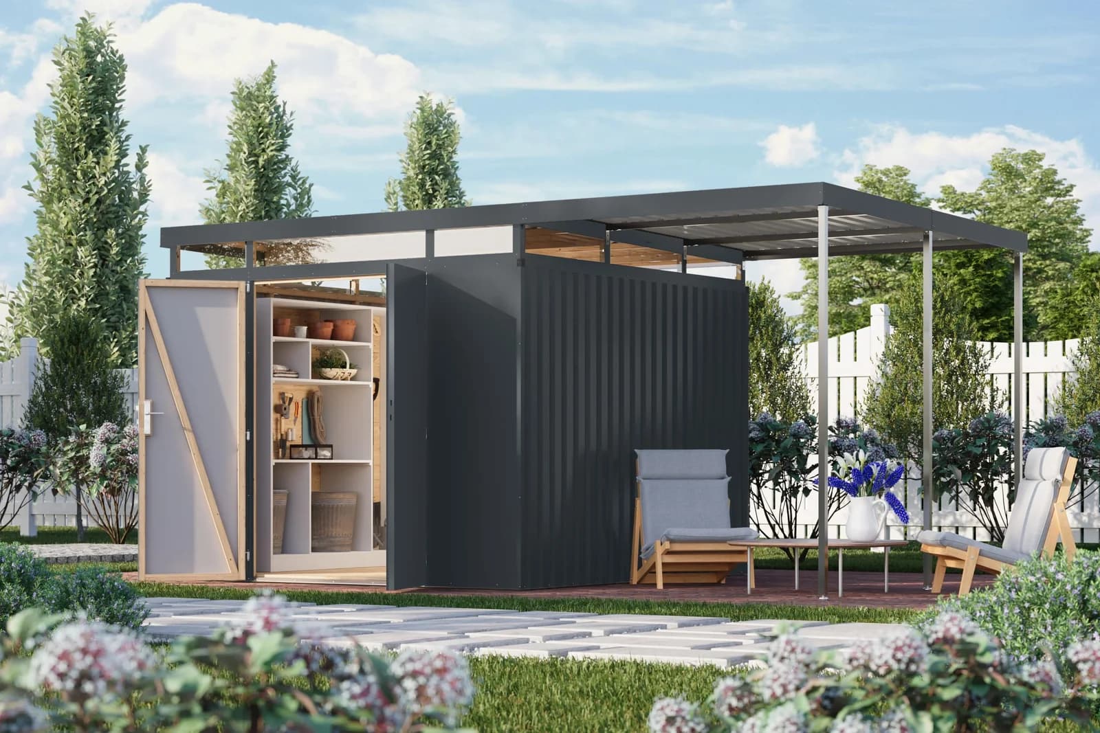 Gerätehaus KARIBU Titanium 3,5 SET mit Anbaudach Anthrazit Metall
