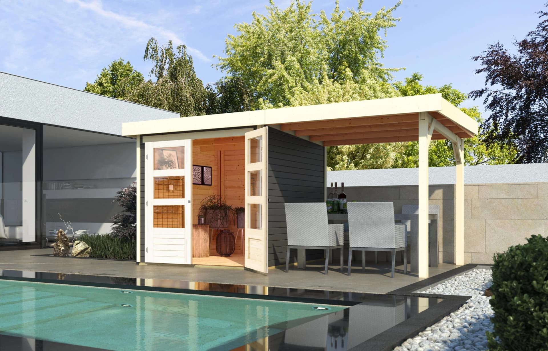 Gartenhaus KONIFERA Arkur 2 Terragrau Massivholz Flachdach
