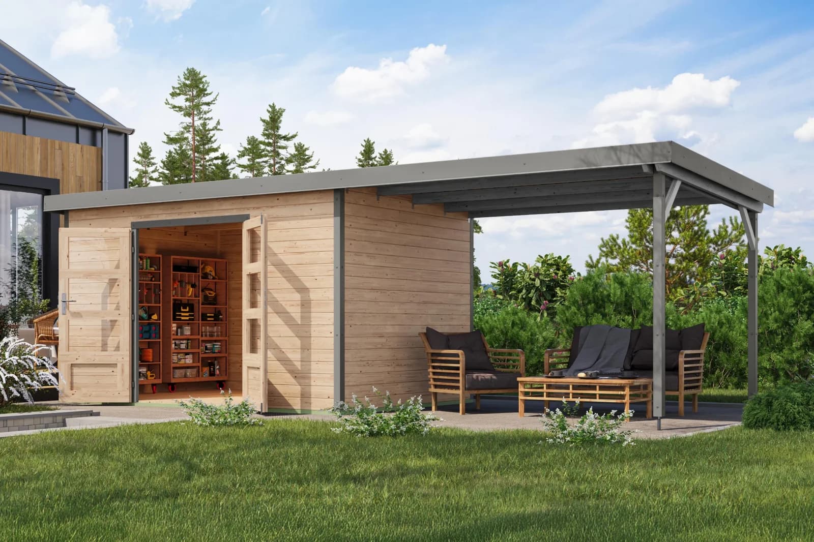 Gartenhaus Karibu Plutino 7 Set Massivholz Pultdach