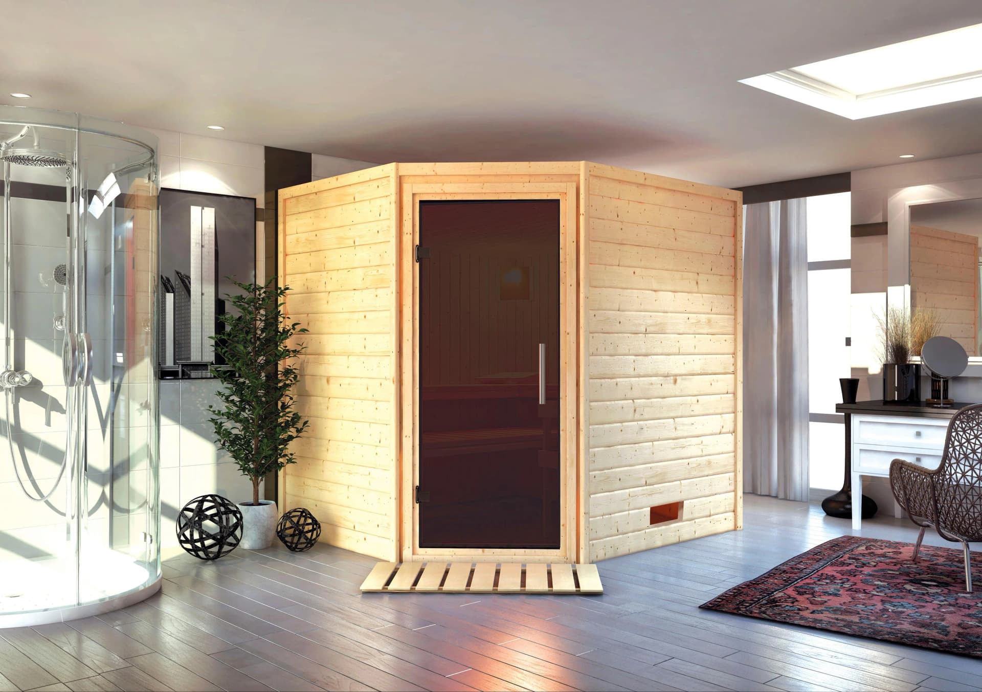 Sauna KARIBU "Mia (Fronteinstieg)" Massivholz Fichte Naturbelassen