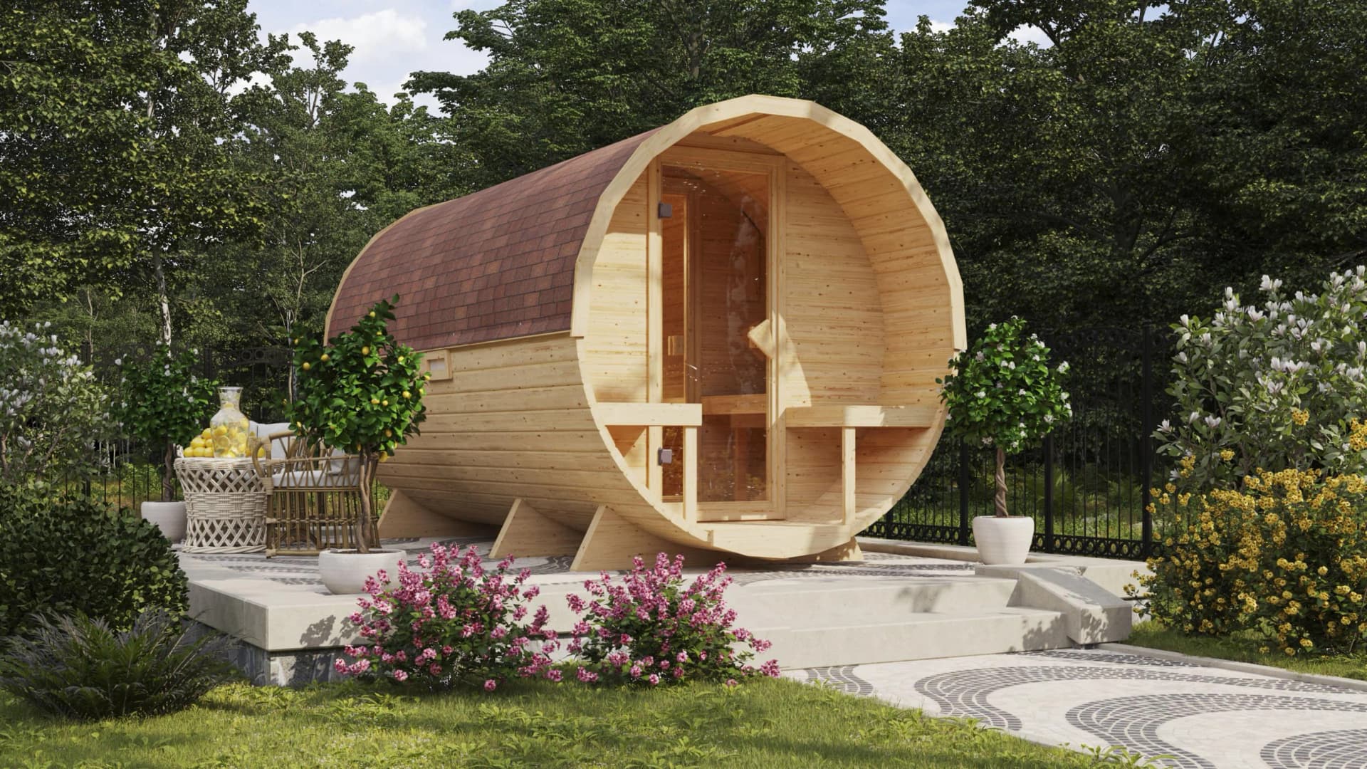 Fasssauna KARIBU Naturbelassen mit Bio-Kombiofen 9 kW