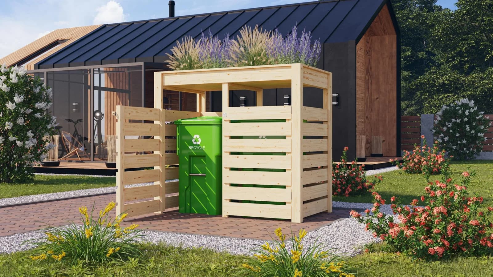 Mülltonnenbox KARIBU Mülltonnenunterstand mit Hochbeet Beige Holzwerkstoff