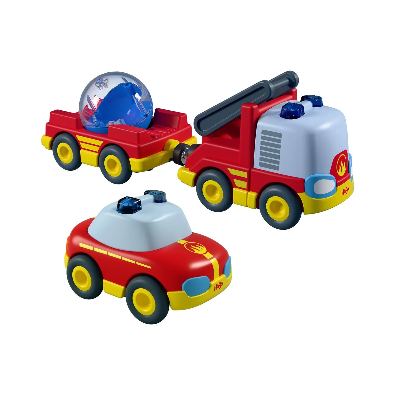 HABA Fahrzeug-Set Feuerwehr Rot mit Schwungmotor & Hänger