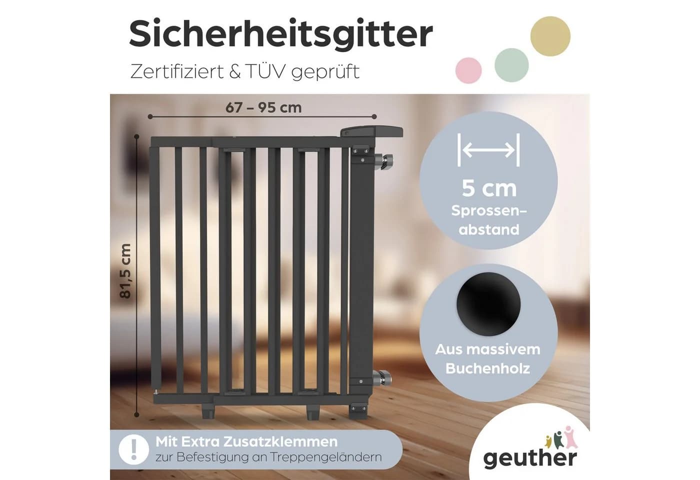 Geuther Treppenschutzgitter Oris Schwarz Buchenholz 2-Wege-Verschluss