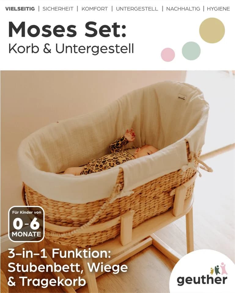 Geuther Stubenbett Moses Set: Korb und Untergestell in Mint