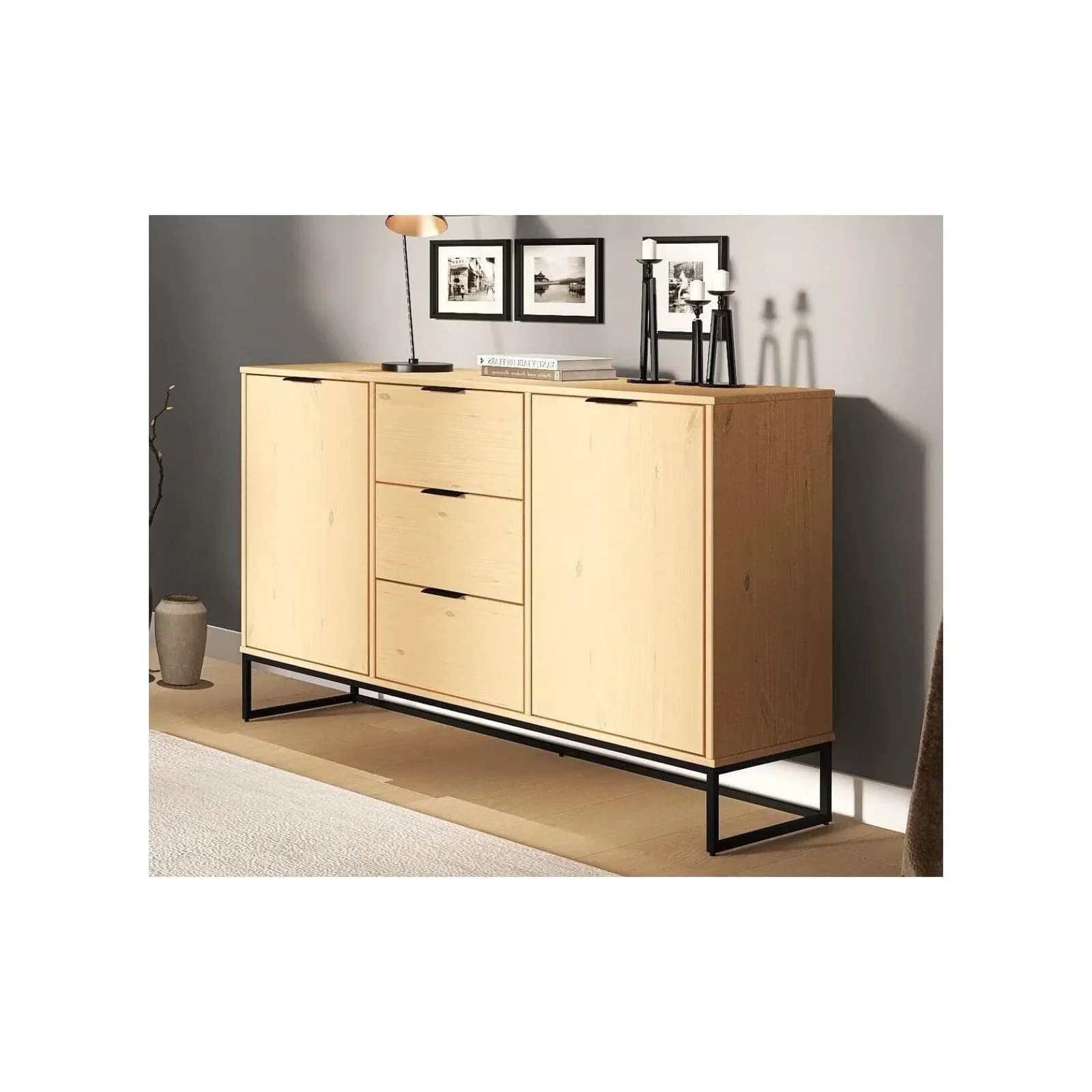 Inter Link Sideboard Vivo Eiche Colori Schwarz Massivholz Industrial Style