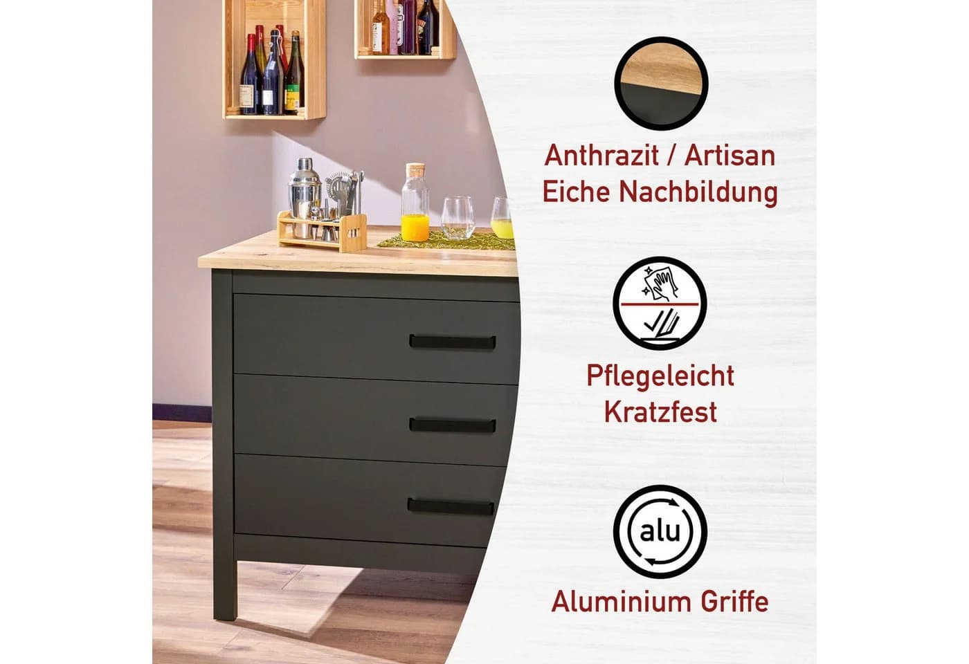 Kücheninsel Venet Anthrazit/Artisan Eiche - Bild 3