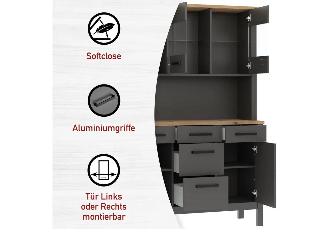 home24 Buffet Aalborg Anthrazit Eiche Artisan 5 Schubladen - Bild 3