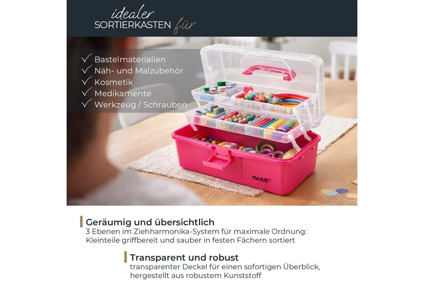 HMF Aufbewahrungsbox Nähkasten aufklappbar mit 3 Ebenen, Sortierbox mit 8 Fächern für Kleinteile, Pink