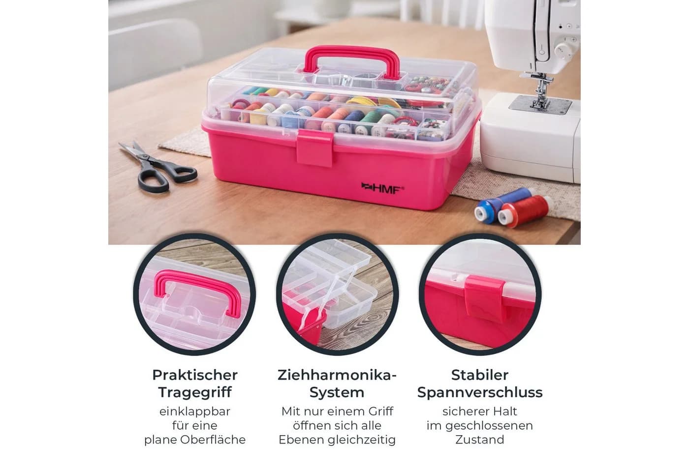 HMF Aufbewahrungsbox Nähkasten aufklappbar mit 3 Ebenen, Sortierbox mit 8 Fächern für Kleinteile, Pink - Bild 3
