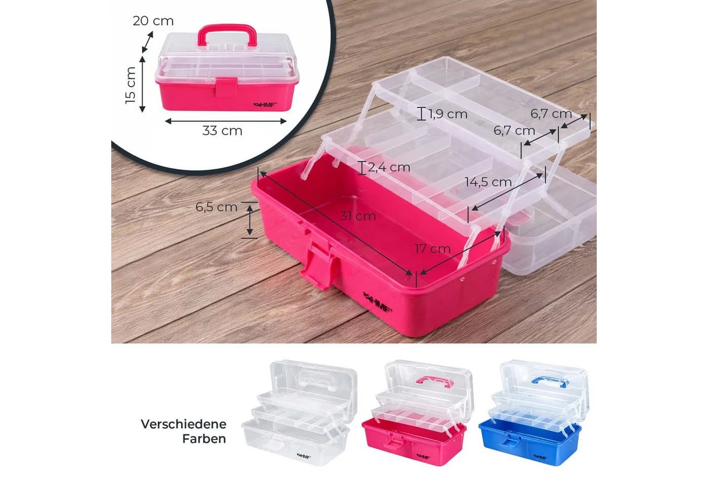 HMF Aufbewahrungsbox Nähkasten aufklappbar mit 3 Ebenen, Sortierbox mit 8 Fächern für Kleinteile, Pink - Bild 5