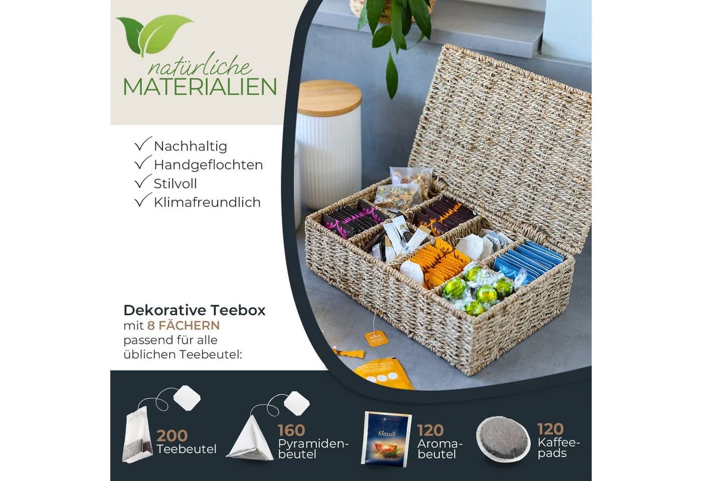 HMF Teebox Organizer 8 Fächer Seegras Beige